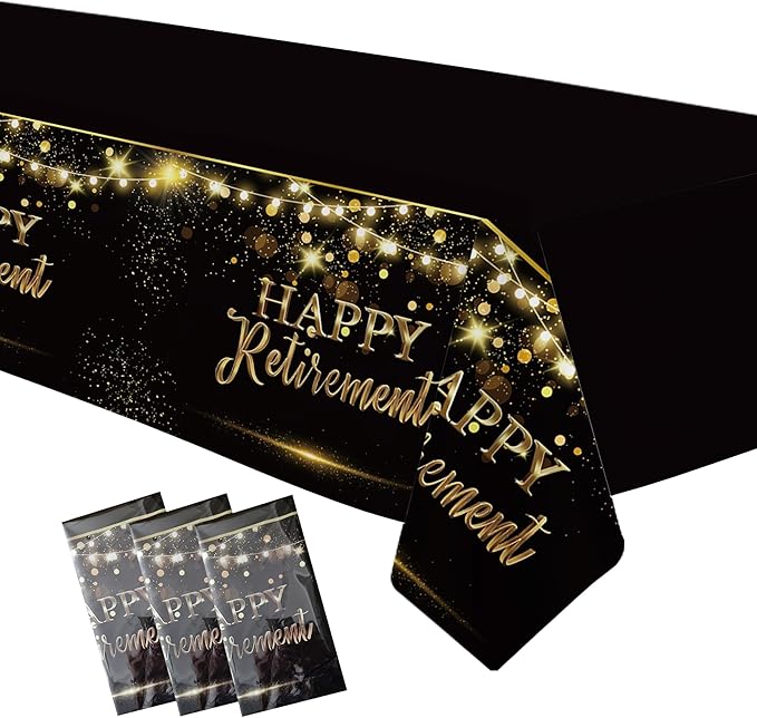 3 Pack Retirement Decorations Party Supplies Tablecloth - Gold Black Happy Retirement Decorations Table Cover for Men Women, 54in x 108in