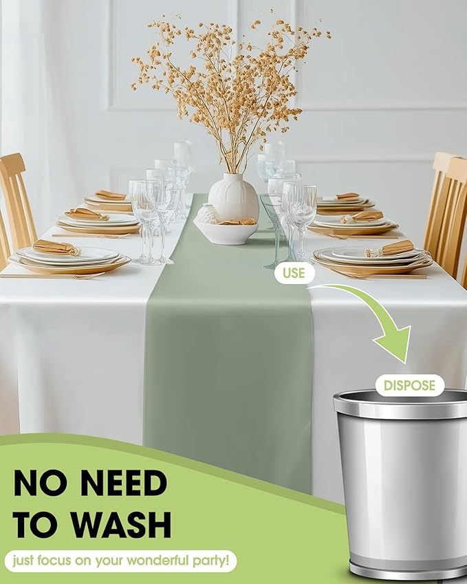 Pureegg Plastic Table Runners Disposable 12 Pack, 14 x 108 Inch Table Runner, Wedding Party, Decorative Table Runner, Rectangle, Light, Pastel Plastic Cover, Leakproof & Sturdy, Sage Green