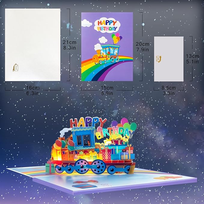 Rainbow Train Music Playing Pop Up Card Happy Birthday Greeting Card with LED Light,3D Birthday Gift for Adults and Kids with Blank Note Card & Envelope, Foldable Celebration Cards