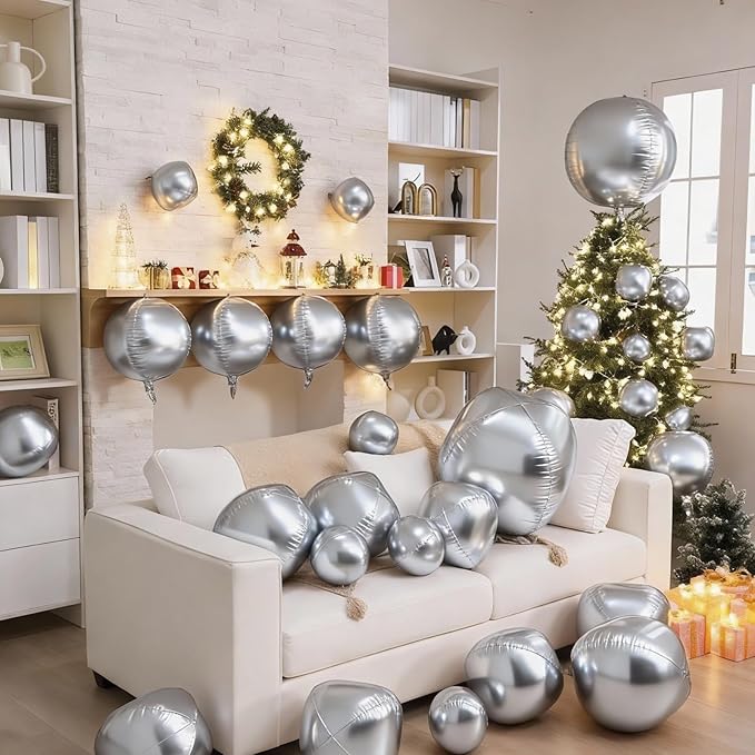 12 Pcs Silver Foil Balloons, 22" 15" 10" 4D Ball Shape Balloons Mirror, Different Size Metallic Silver Balloons for Disco Graduation Birthday Wedding New Year Baby Shower Party decorations Backdrop
