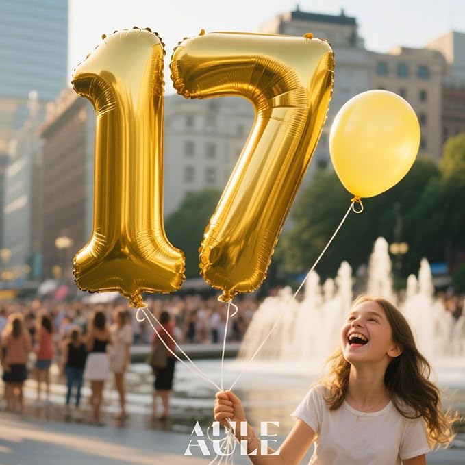 AULE 40 Inch Large 17 Number Balloons Gold, Big Foil Number Balloons, Giant Helium Happy 17th Birthday Party Decorations for Boy and Girl, Huge Mylar 71 Anniversary Party Supplies