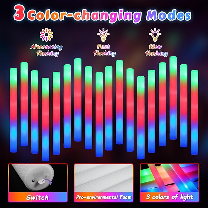 70PCS LED Foam Glow Sticks Bulk, Foam Light Up Sticks with 3 Colorful Flashing Modes, Glow in Dark Party Supplies, Party Light Sticks Pack for Wedding, Concert, New Year, Halloween, Christmas