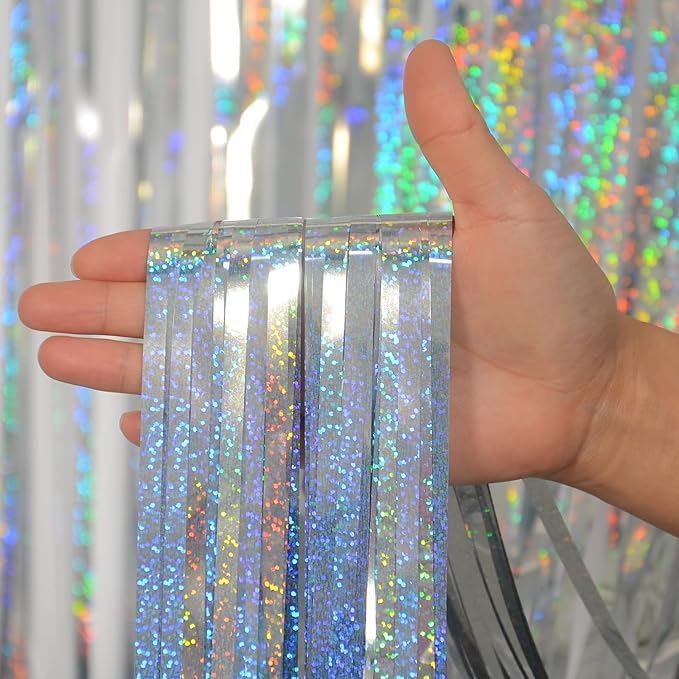Melsan Silver Tinsel Backdrop Curtain, 3.2 ft x 8 ft Silver Foil Fringe Curtains, Sparkle Metallic Streamers for Disco Bachelorette Birthday Party Decorations, 2 Pack