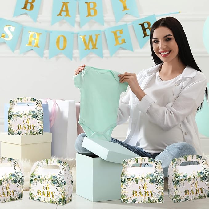 Nezyo 24 Pcs Baby Shower Party Favor Boxes Sage Green Goodie Bags for Guests, Baby Shower Paper Boxes with Eucalyptus Leaves for Gender Reveal Return Guest Gifts, 4.7 x 2.4 x 5.1 Inch