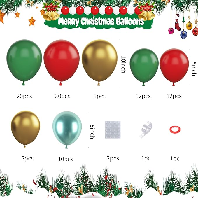 Christmas Balloon Garland Arch Kit, Red Green Gold Balloons with Bell Candy Cane Gingerbread Man Gold Explosion Star Foil Balloons for Christmas Party Decorations New Year Celebration