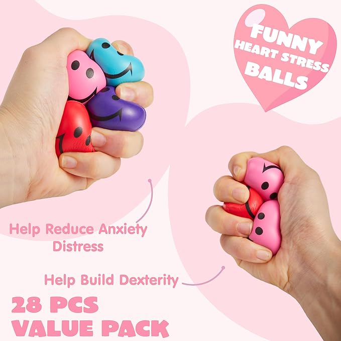 JOYIN 28 Packs Heart Shape Stress Ball with Cards Stress Relief Fidget Toy for Valentine Party Favors, Classroom Prize Supplies, Valentine’s Greeting Cards, Valentine Exchange Gifts