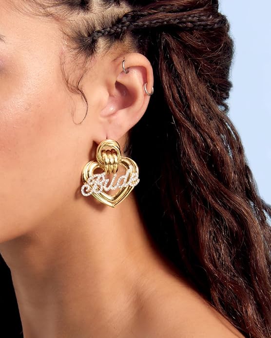 xo, Fetti Gold + Rhinestone Bride Heart Earrings | Bachelorette Party Jewelry, Bridal Accessory, Rehearsal Dinner Outfit, Bridesmaid Gift, Oversized Look