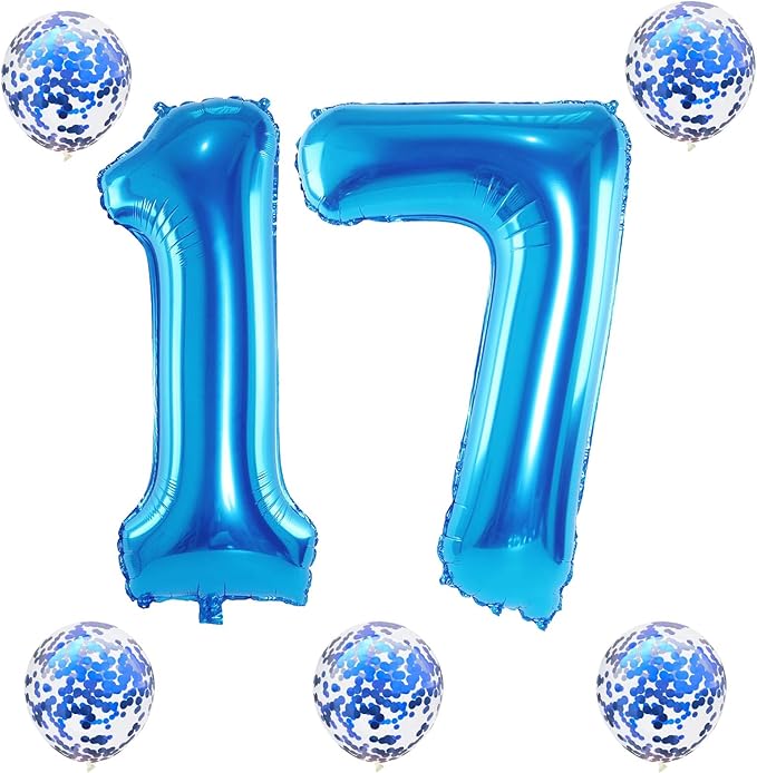 17th Birthday Blue Foil Number 17 Balloons with Confetti, Giant 40 Inch Helium Balloons for Boys, Girls, Men - 17th & 71st Anniversary Party Decorations