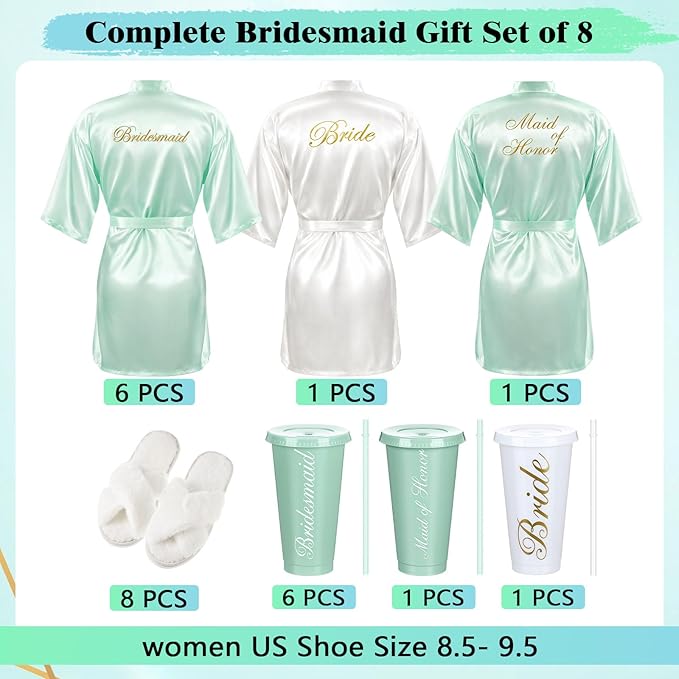 Bonuci 24 Pcs Bridesmaid Bride Robes Set of 8 Bridal Satin Robes Fluffy Slippers Drinking Cups for Wedding Bachelorette Party