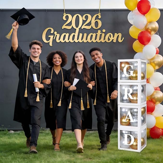 Ledido 2026 Graduation Balloon Boxes Decorations, 4 Pieces White Clear Grad Balloon boxes with Letters, Class of 2026 Graduation Party Supplies for College, High School, Prom, Birthday, Baby Shower