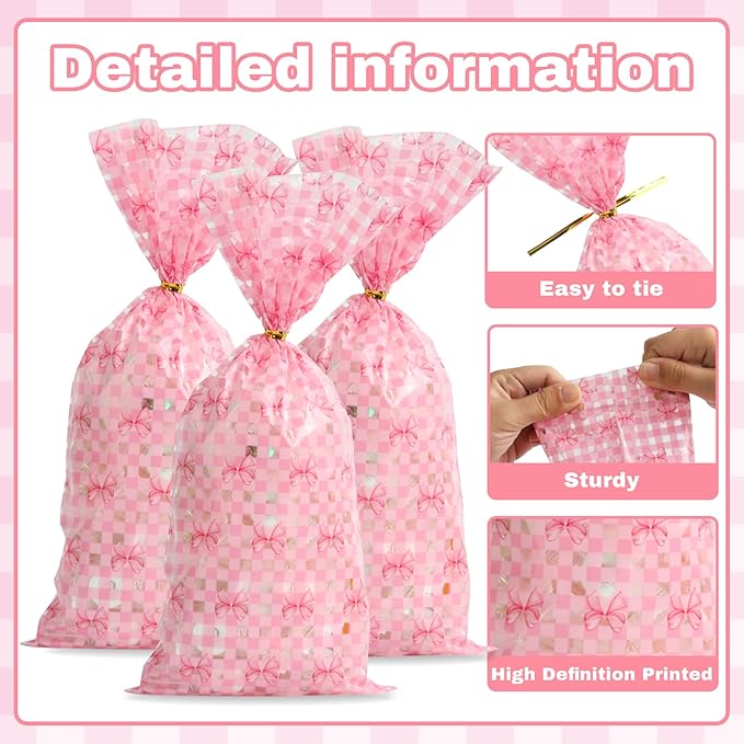 Docvania Cello Cellophane Treat Gift Bags Pink bow Cookie Bags 100 pcs 5 X 11 Goodie Bag with Ties for Mother's Day, Valentine's Day and Parties, Weddings
