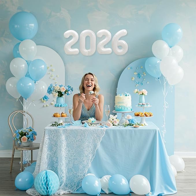 TONIFUL 2026 White Foil Number Balloons 16 Inch White Number Banner 2026 Graduation Aluminum Foil Mylar Balloons for New Year Eve Christmas Anniversary Party Supplies