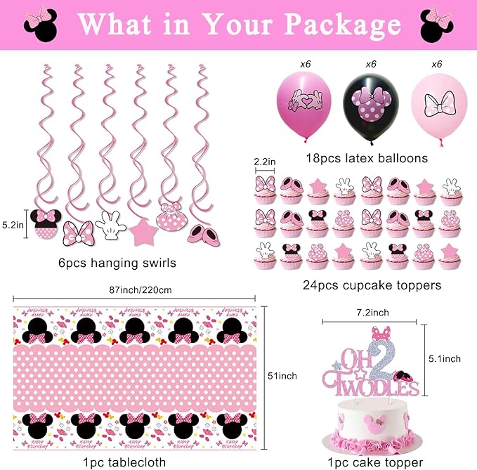 Pink Mouse 2nd Birthday Party Supplies, Oh Twodles Girl Second Party Decorations Includes Happy Birthday Banner, Hanging Swirls, Tablecloth, Cake Cupcake Toppers, Bow Foil Balloon, Latex Balloons