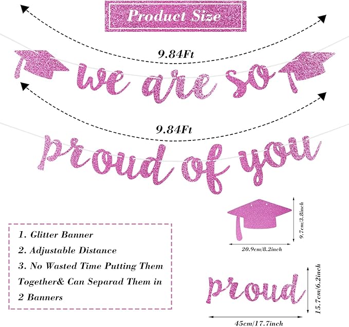 2026 Graduation Decorations Pre-Strung Blingbling We Are So Proud of You Banner Glitter Graduation Garland for Class of 2026 High School College Grad Party (Pink)