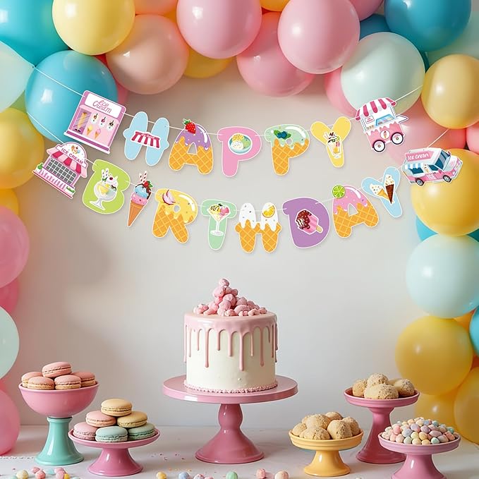 Ice Cream Party Decorations Happy Birthday Banner Ice Cream Party Banner Garland for Birthday Party Decorations Ice Creams Party Supplies