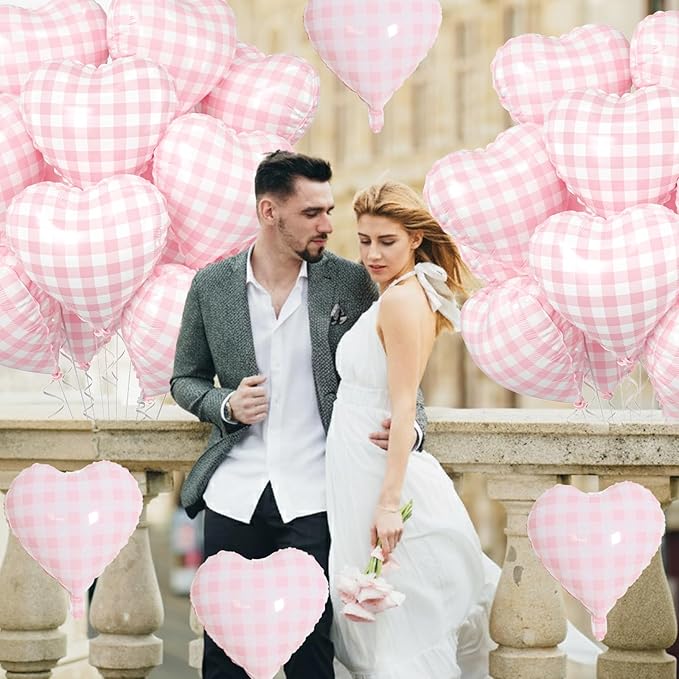 Pink White Checkered Heart Balloons, 10 Pcs Light Pink Grid Heart Shape Balloon, 18 Inch Lattice Foil Valentines Balloons for Kids Girls Birthday Wedding Valentines Bridal Baby Shower Party Decoration
