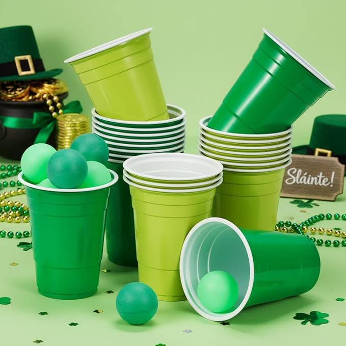 32pcs St. Patricks Day Party Games for Adult Include 24 Pcs 16oz Green Plastic Cups with 8 Balls, Shamrocks Irish Festival Party Decor, Juice Beverage, Outdoor Toss Game Favor Supplies