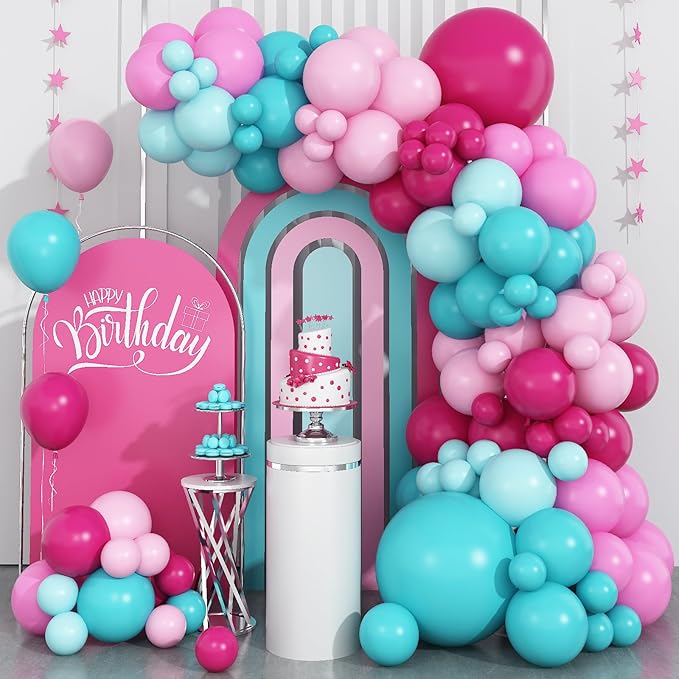 Hot Pink and Teal Blue Balloon Arch Garland Kit, Rose Red Teal Blue Pastel Pink Turquoise Latex Balloon for Birthday Baby Shower Wedding Anniversary Party Decorations Supplies