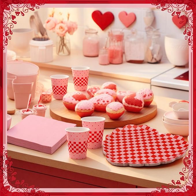 Zhehao 96 Pcs Valentine's Day Party Supplies Set for 24 Guests Red Checked Heart Plates 9 oz Cups Napkins for Valentine Romantic Dinners Wedding Anniversaries Celebrations