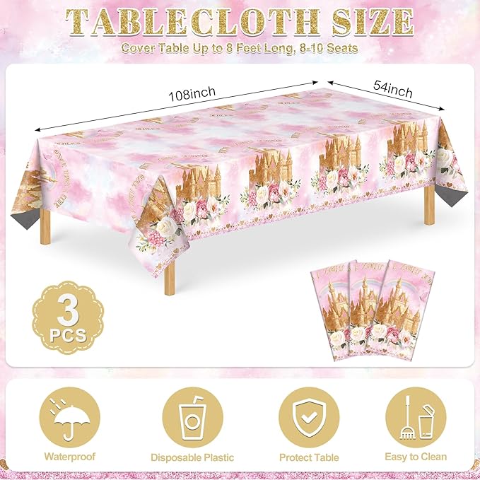 3 Pack Princess Tablecloths, 54 x 108 Inch Disposable Pink Rose Castle Themed Table Cloth Waterproof Pink Tablecloth Rectangle Birthday Party Table Cover for Girls Birthday Baby Shower Party Supplies