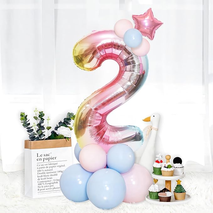 40 Inch Giant Rainbow Number 2 Balloons, Birthday Balloons, Helium Mylar Foil Big Number Balloons for Birthday Party Decorations, Kids' Birthday Anniversary Party Baby Shower Unicorn Parties