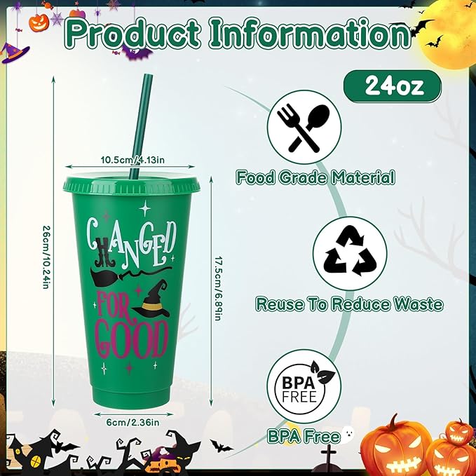 12 Pcs Pink Green Plastic Cups with Lids and Straws 24 oz Reusable Tumbler for Witch Princess Enchanted Theme Parties Birthdays Bachelor Party Decoration