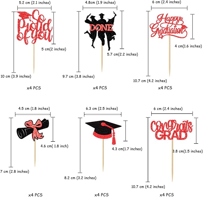 24 Pack 2026 Congrats Grad Cupcake Toppers Set, Graduation Cupcake Decor, Class of 2026 Cupcake Picks for Senior High School College Grad Party Decorations Supplies(Black with Red) B