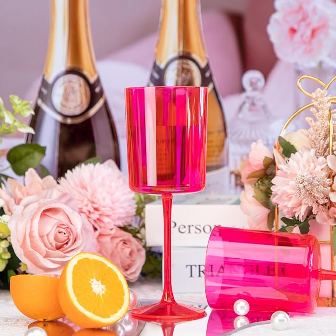 Ciaell 12 Pack Plastic Wine Glasses - 10Oz Hot Pink Plastic Wine Glasses With Stem - Disposable Stemmed Cups for Parties & Weddings & Easter
