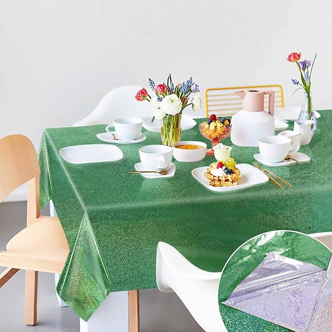 2 Pack Green Iridescent Plastic Tablecloth Disposable 54 × 108 Inch Glitter Holographic Foil Table Cloth Plastic Laser Rectangle Table Cover for Birthday Wedding Disco Party