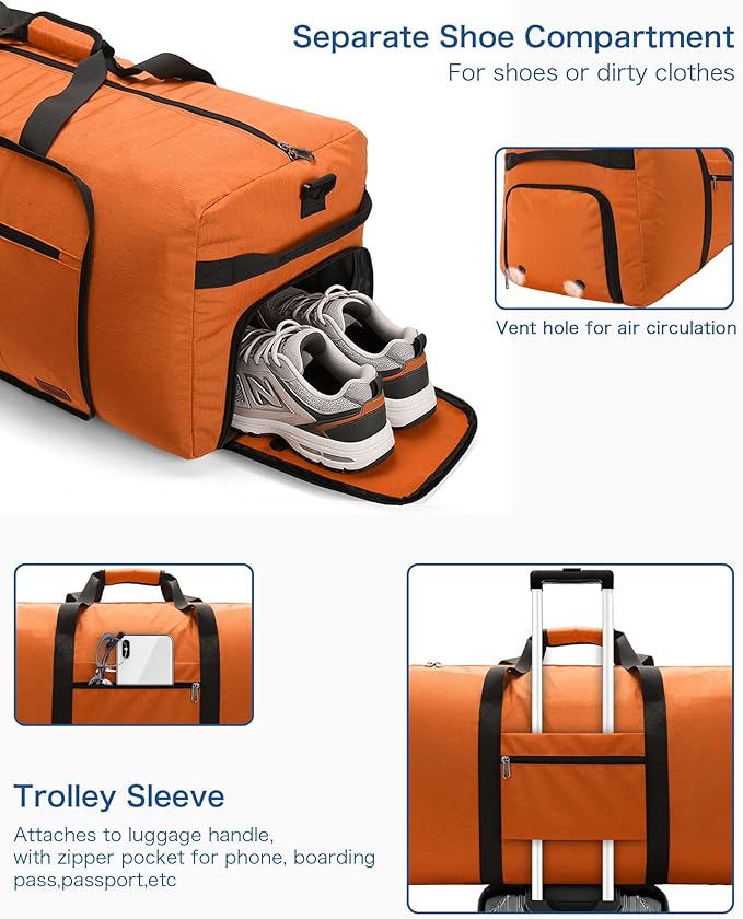 100L Travel Duffle Bag for Men, Urtala 32” Large Duffle Bag for Traveling with Shoe Compartment, Foldable Travel Duffel Bag for Men Women Waterproof & Tear Resistant (Orange, EXTRA LARGE, 100L)