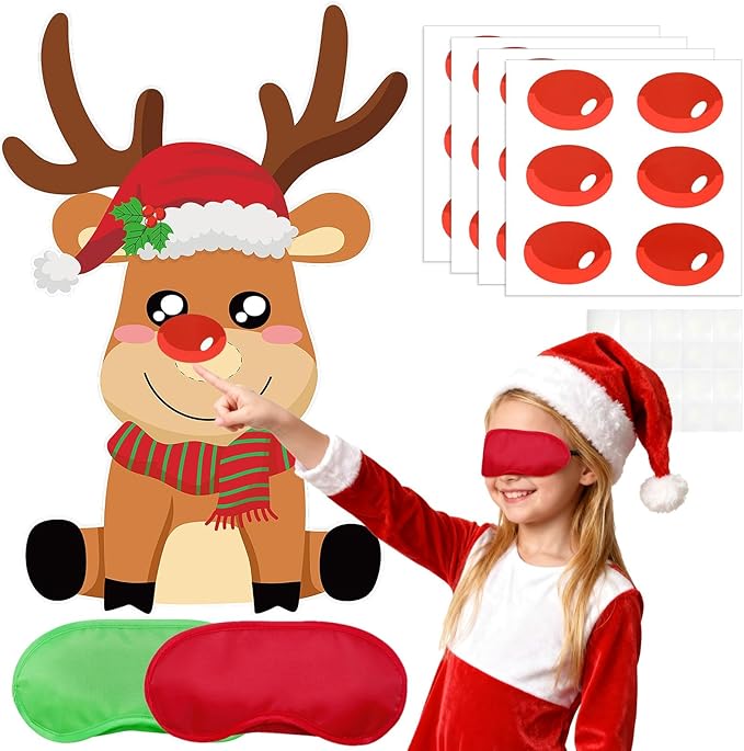 AUGSUN Christmas Party Games for Kids and Family Pin The Nose on The Reindeer Holiday Activity Xmas Reindeer Games for Christmas Festival Winter Party Classroom Favor Decoration Supplies