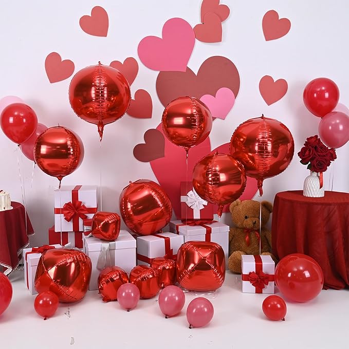 12PCS Red Round Foil Balloons, 22" 15" 10" Large 4D Ball Balloons Metallic Red Mirror Sphere Balloon for Graduation Christmas Valentines Day Wedding Birthday Party Ceiling Decorations