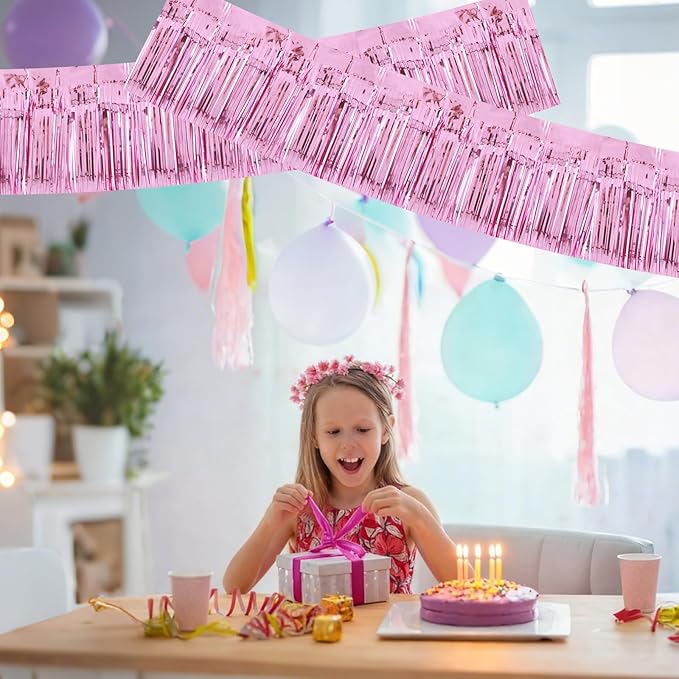 BEISHIDA 3 Packs Metallic Foil Fringe Garland Pink Wall Hanging Tinsel Fringe Banners for Car Floats Birthday Baby Bridal Shower Wedding Graduation Holiday Party Decoration(30 Feet)