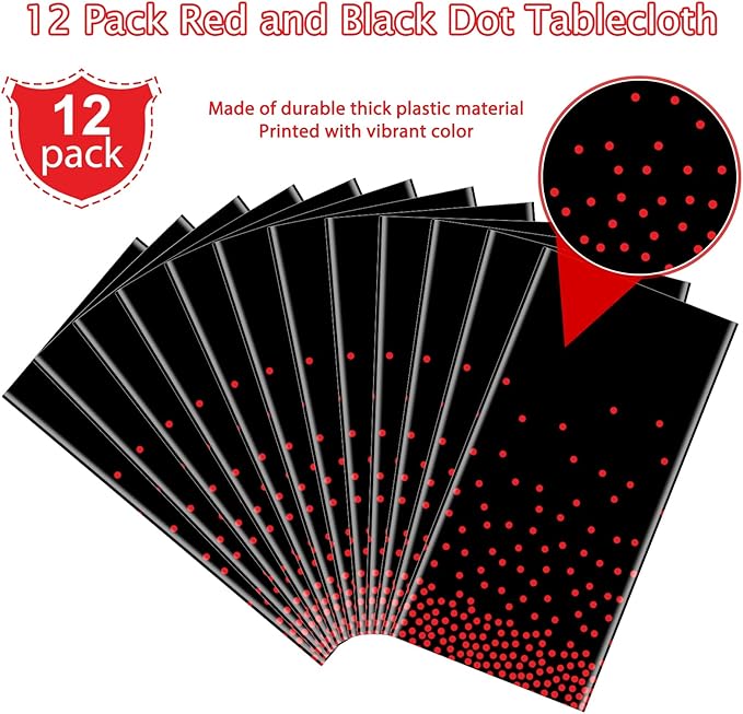 12 Pack Red and Black Dot Plastic Tablecloth, Red Stamping Dot Confetti Rectangle Plastic Disposable Table Cover for Birthday Wedding Baby Shower Engagement Anniversary Party Decorations, 54 x 108Inch