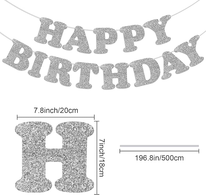 Glitter Silver Happy Birthday Banner Birthday Party Decorations Sign Garland Bunting Banner for Wall Decor Party Background for Kids Boys Girls Adults