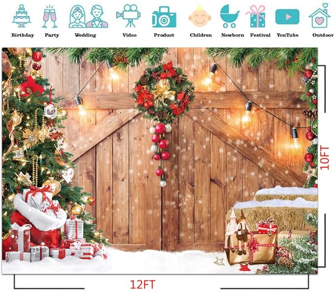 CYLYH 12x10FT Christmas Barn Wood Door Photography Backdrop Xmas Tree Snow Gift Wall Floor Party Photo Background for Holiday New Year Party Banner Family Holiday Party Supplies D554