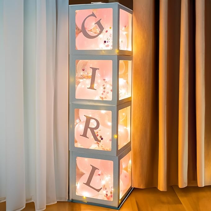 Uptotop Baby Shower Decorations Clear Balloon Blocks with Fairy String Lights, 4 Pack Transparent Balloon Boxes Including 30 Letters, 4 Warm White Fairy Lights & 36 Latex Balloons, Pink