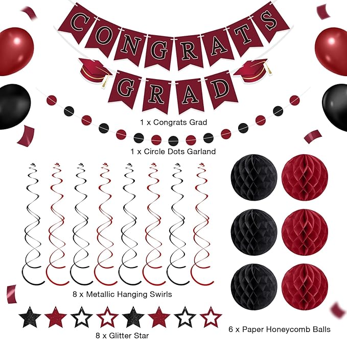 Congrats Grad Banner 2026 Graduation Decoration with Hanging Swirl Honeycomb Ball Circle Garland Grad Party Supplies for College Senior High School Classroom Decor(Burgundy and Black)