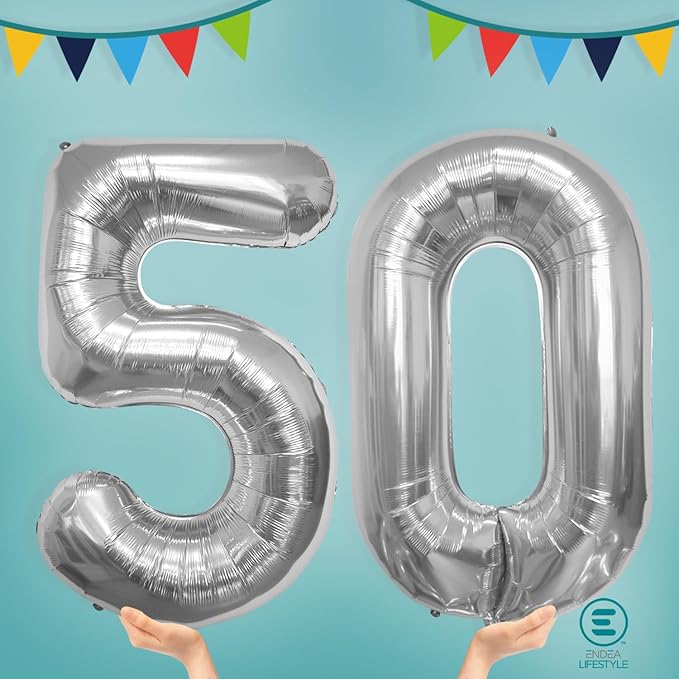40 Inch Large Number Celebration and Decoration Balloon for Birthday Parties, Graduations, Anniversaries, Weddings, Photo Shoots, Special Events - Helium Foil Mylar (Silver Number 50)