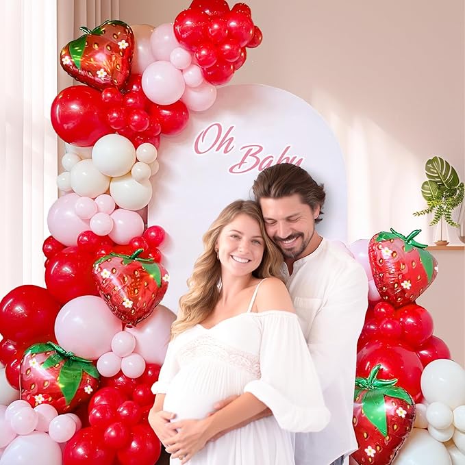 120pcs Strawberry Balloon Arch Garland Kit, Red and Pink Balloons with 27inch Strawberry Foil Balloons for Sweet One Berry First Birthday Baby Shower Strawberry Party Decorations