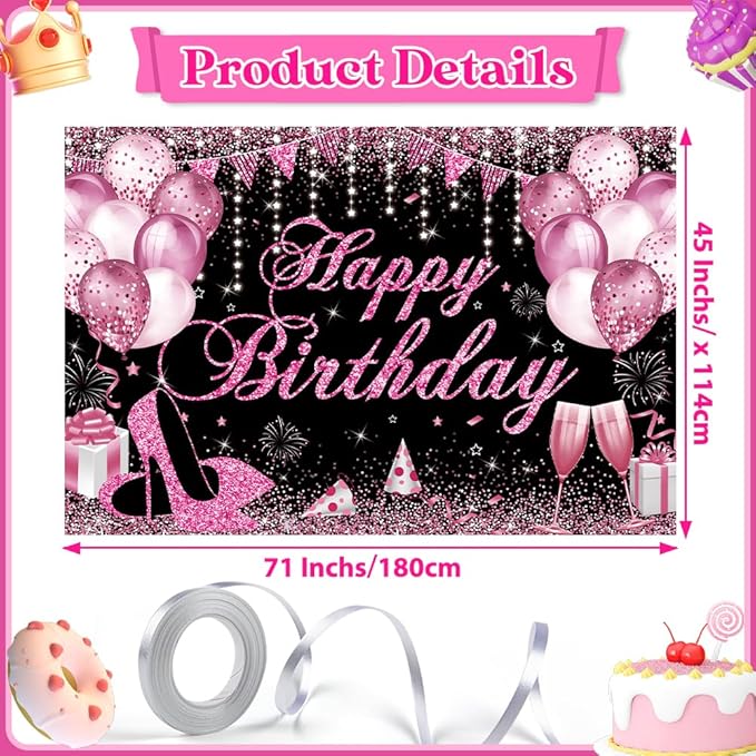 Happy Birthday Banner - Birthday Decorations for Women Girls Pink Birthday Party Banners Welcome Happy Birthday Background Sign for Theme Party Decorations Indoor Outdoor
