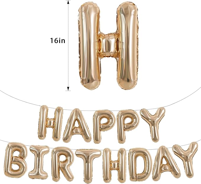 TONIFUL Happy Birthday Balloons Banner 16 Inch Mylar Foil Letters Birthday Sign Reusable for Girls Boys Kids & Adults Birthday Party Decorations Supplies（Champagne Gold ）