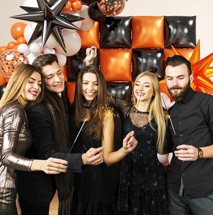 152Pcs Orange and Black Foil Square Balloon Wall Backdrop with Black Orange White Latex Balloons Arch Garland Kit, Double Sided Balloon Tunnel for Graduation, Birthday, Halloween Party Decoration