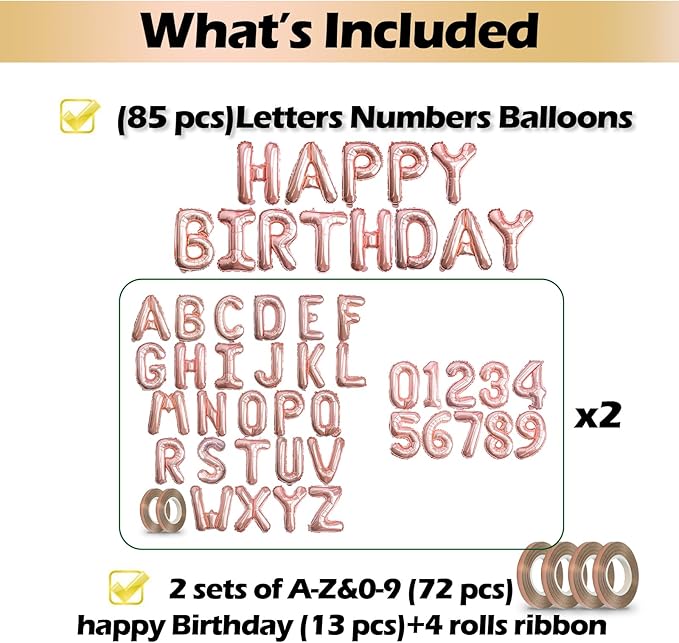 [85 PCS] 16" Rose Gold Letter Number Balloons, Happy Birthday & 2 Sets of A-Z 0-9, Foil Mylar Aluminum Hanging Alphabet for Graduation New Year eve Birthday Party Decorations