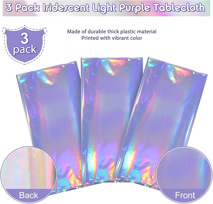 3 Pack Iridescent Light Purple Tablecloth for Parties, Pastel Purple Holographic Plastic Table Cover, Disposable Laser Purple Table Cloth for Birthday Wedding Baby Shower Party Decorations, 54x108Inch
