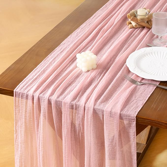 Socomi 3pcs Pink Gauze Easter Spring Cheesecloth Table Runner Blush 120 Inch Rustic Boho Cheese Cloth Runner for Wedding Party Baby Bridal Shower Centerpiece Decoration Holiday Home Decorations