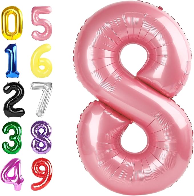 Balloons 8 Numbers, 40 Inch Pearl Pink Foil Large Ballon for Women And Men, Balloons Decoration for Happy 8 18 28 80 Birthday, Wedding Anniversary, New Year, Single Party Decoration