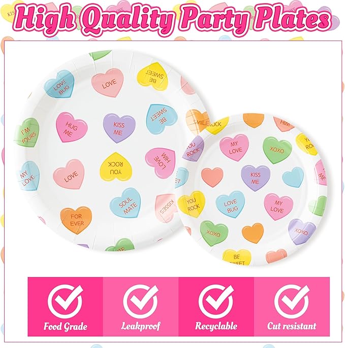 Conversation Heart Valentine's Day Candy Party Plates Supplies - Serves 24 - 96Pcs Party Tableware Decoration Disposable Paper Plates Napkins Forks for Valentine Birthday Wedding
