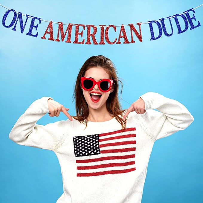 Glitter One American Dude Banner, Happy 4th of July Birthday Bunting Sign - Memorial Day Fourth of July Garlands - America Independent Day Celebration Party Decorations Supplies