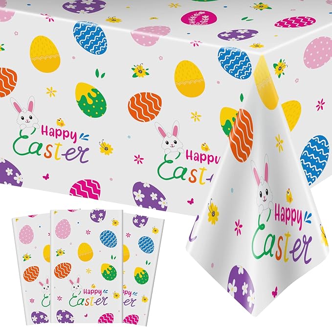3 Pcs Easter Tablecloth-Happy Easter Bunny Table Cover, Disposable Plastic Rectangle Easter Colorful Eggs Table Cloth for Spring Easter Day Table Decorations and Party Supplies, 54 x 108 Inch